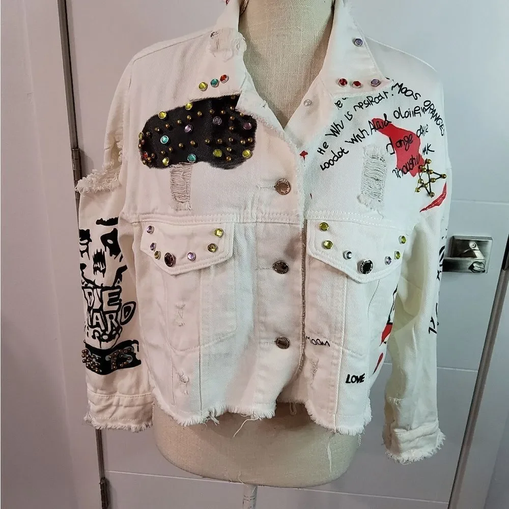 Lizette Collection Distressed Rhinestones White Denim Jacket Size S